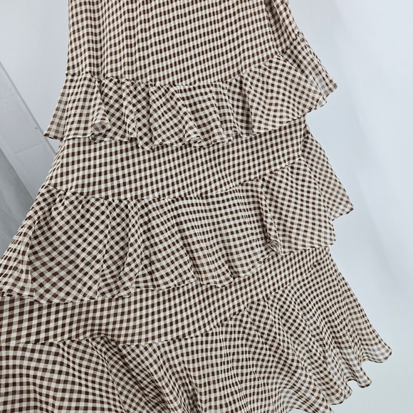 RIXO Preslee Tiered Ruffle Maxi Skirt Brown Gingham Boho Festive Flowy Prairie 8 - Picture 8 of 9